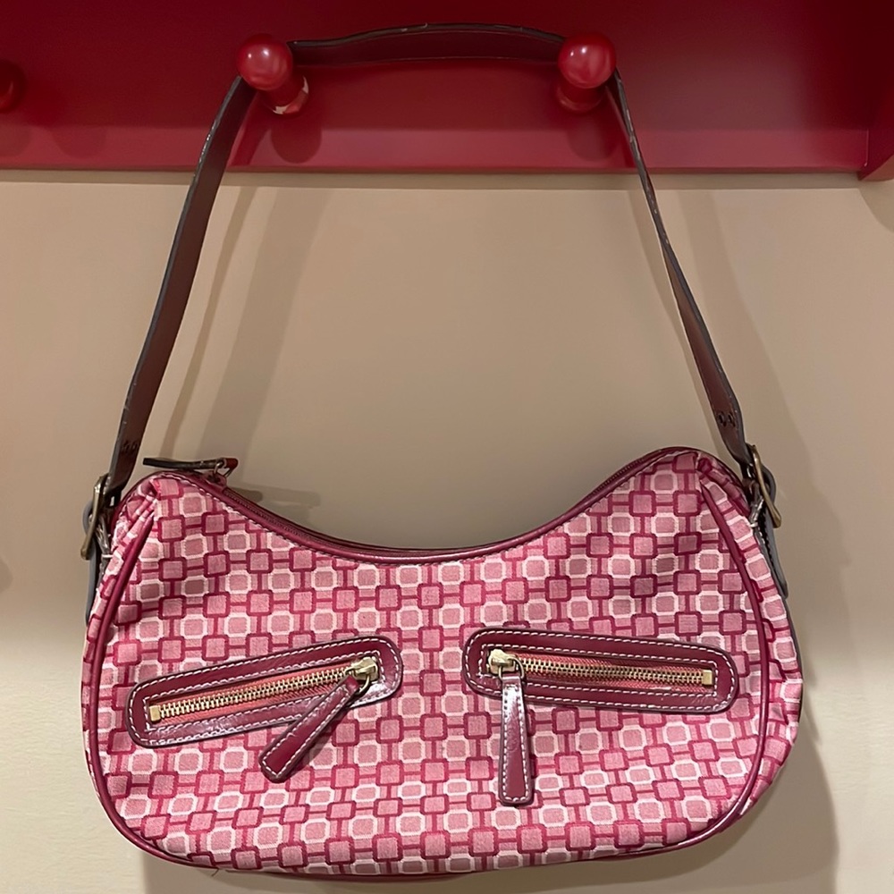 Nine West Multi Colored Cranberry Fabric and Faux Leather Zippered Handbag